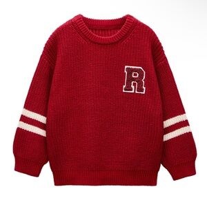 Zara Red Knit Sweater with Letter R Patch